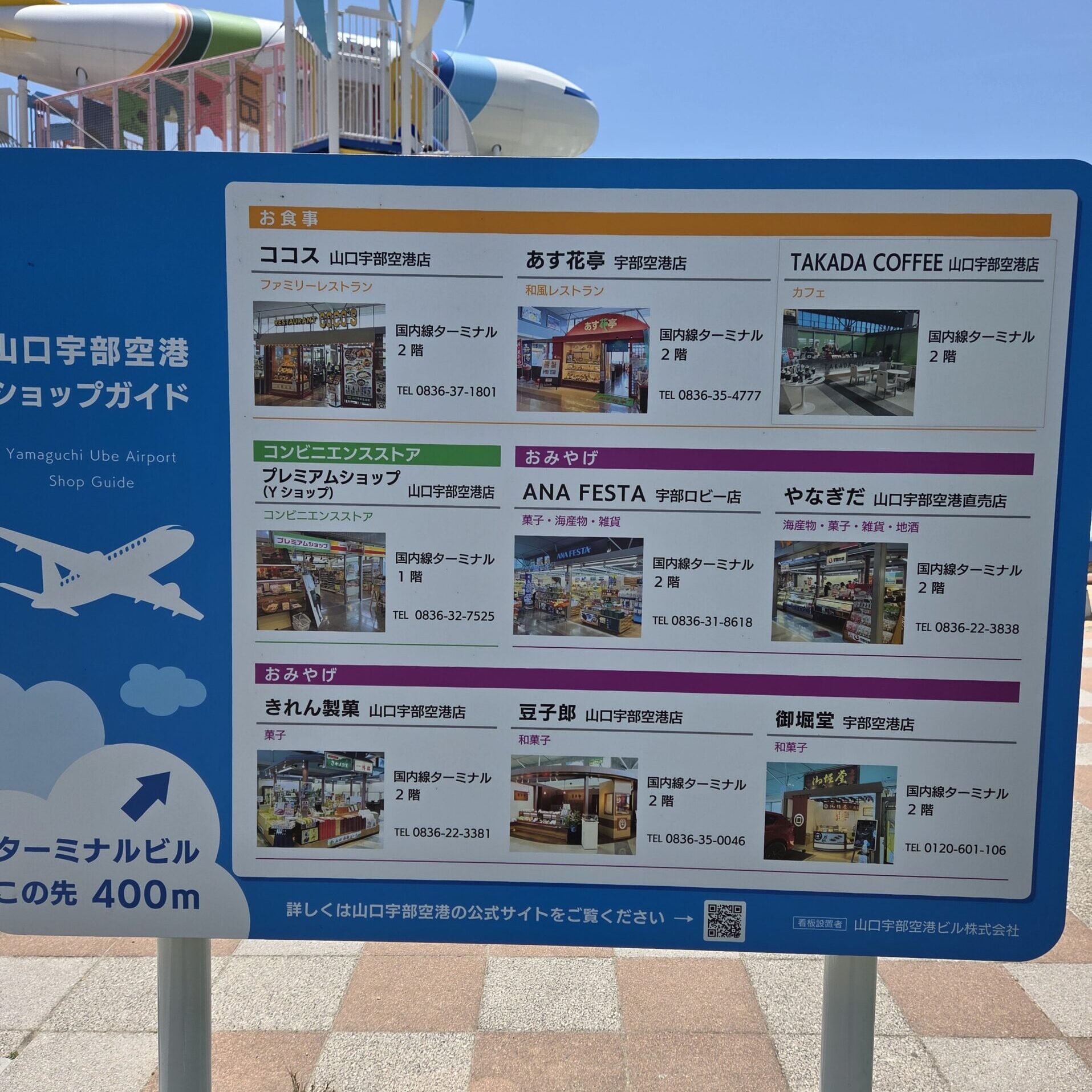 山口宇部空港ふれあい公園の山口宇部空港ショップガイドの案内板
