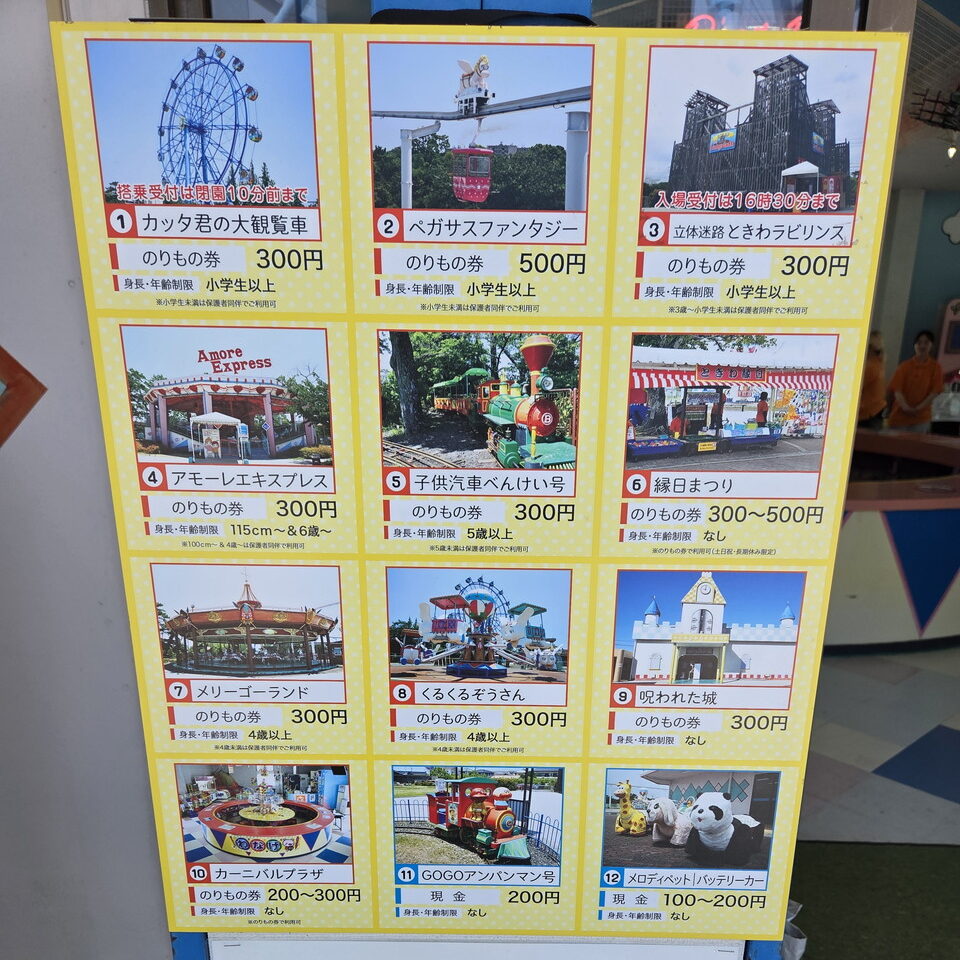ときわ遊園地の料金一覧看板