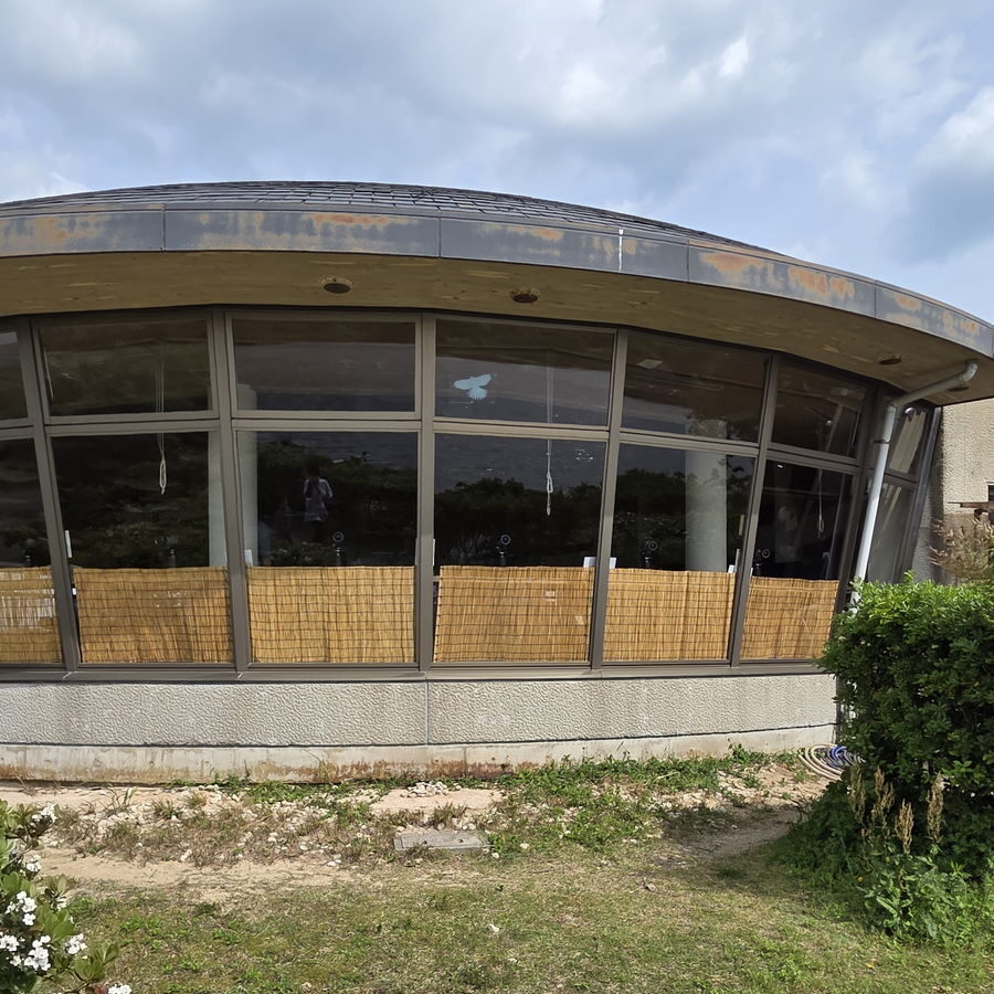 きらら浜自然観察公園のカーブした外観が特徴のビジターセンターの建物